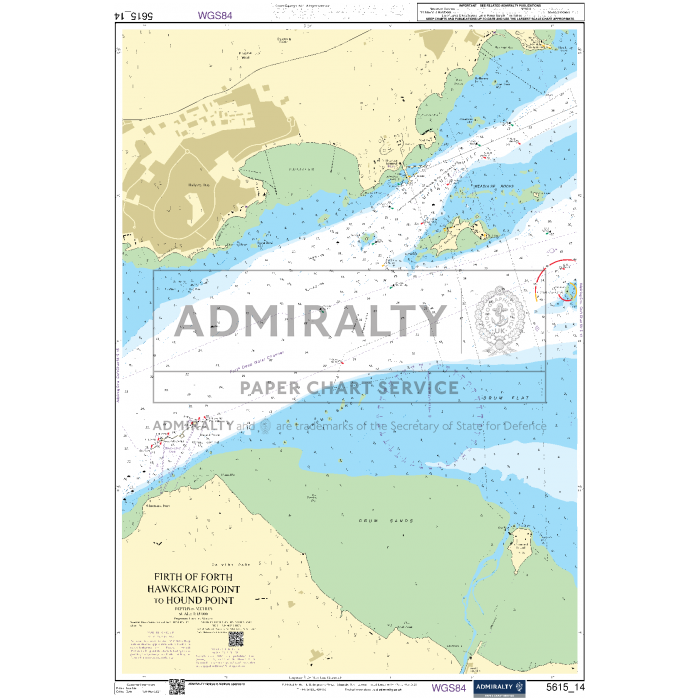 The Admiralty Small Craft Chart 5615_14, titled "Firth of Forth - Hawkcraig Point to Hound Point," showcases the UK Hydrographic Office's expertise and includes navigational markers, depth indications, and land details. This product is part of the Admiralty Paper Chart Service.