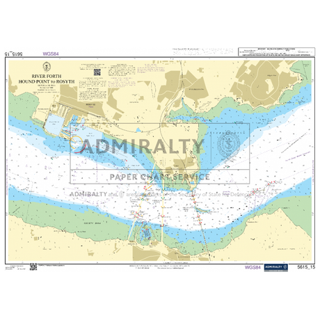 A comprehensive Admiralty Small Craft Chart - 5615 for the East Coast from Whitby to Edinburgh, detailing the River Forth from Hound Point to Rosyth. It features depth soundings, navigational aids, and maritime markings. Land areas are highlighted in yellow and green, water areas in blue, with red and black symbols indicating various maritime features.