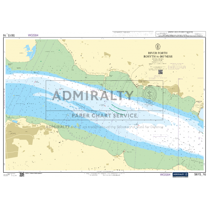 The Admiralty Small Craft Chart 5615_16: River Forth - Rosyth to Bo'Ness, by Admiralty, provides a detailed nautical chart featuring water depths, navigation routes, and land features. It includes detailed annotations for maritime navigation and safety and incorporates official markings for accuracy as produced by the UK Hydrographic Office.
