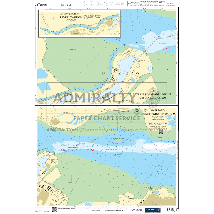 The Admiralty Small Craft Chart 5615, covering the East Coast from Whitby to Edinburgh, provides detailed navigational information and topographical features for the River Forth, Grangemouth, and the River Carron. It includes marked navigation routes, depths, and various maritime symbols. The chart prominently displays "ADMIRALTY charts" and "PAPER CHART SERVICE.