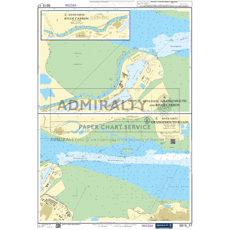 Admiralty's Small Craft Chart 5615_17: River Forth - Grangemouth Roads, produced by the UK Hydrographic Office, showcases water depths, navigational markers, and landmarks. It includes two detailed sections focused on coastal areas and waterways, perfect for Admiralty Small Craft Chart enthusiasts.