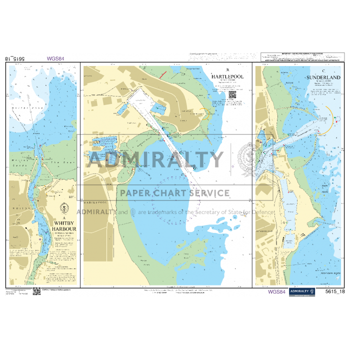 The Admiralty Small Craft Chart - 5615 - East Coast, Whitby to Edinburgh features detailed maps of three harbors: Whitby Harbour, Hartlepool, and Sunderland. This ADMIRALTY chart provides information on water depths, navigational aids, geographic coordinates (WGS84), and various maritime features essential for coastal navigation.