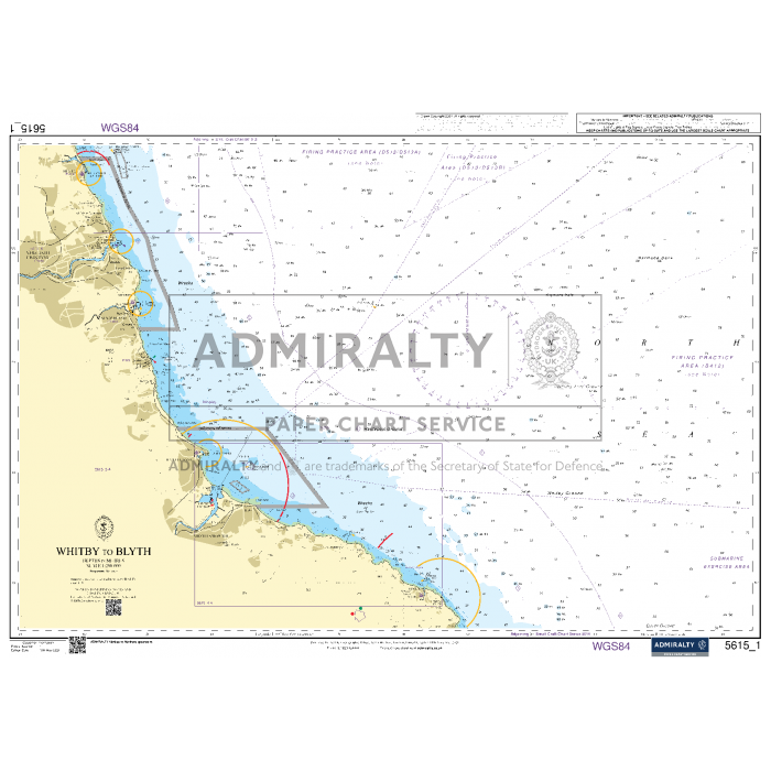 The Admiralty Small Craft Chart 5615_1: Whitby to Blyth offers a detailed depiction of the coastline from Whitby to Blyth. It includes depth measurements, navigational routes from the UK Hydrographic Office, and geographic information. This chart is marked with symbols and lines to indicate maritime navigation aids.