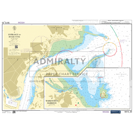 The Admiralty Small Craft Chart 5615_20: Entrance to River Tyne provides detailed navigation aids with features such as water depths, navigation paths, and buoy markers, following UK Hydrographic Office standards. This chart also incorporates an inset of Warkworth Harbour and includes coordinates and scaling for precise navigation.