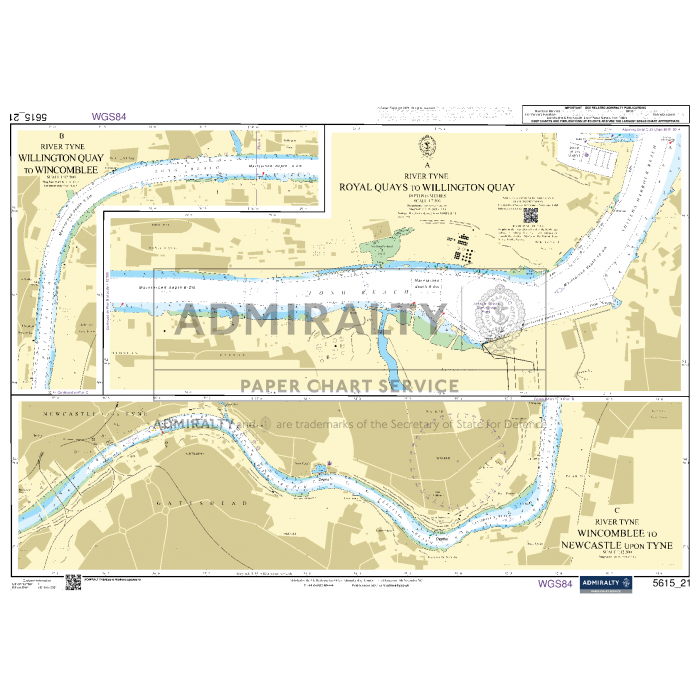 The Admiralty Small Craft Chart 5615_21 from Admiralty offers detailed navigation information for the River Tyne, covering the stretch from Royal Quays to Willington Quay. It highlights navigation aids and geographic features, includes marked depths for safe passage, and emphasizes key areas with shaded insets for clarity.