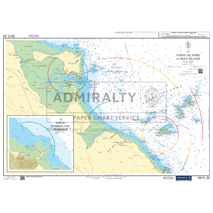 The Admiralty Small Craft Charts - 5615 - East Coast, Whitby to Edinburgh offers detailed representations of the Farne Islands to Holy Island region, making it ideal for coastal navigation. The chart includes information on water depths, navigation aids, hazards, and geographic features. Insets provide additional detail for the Sunderland area. It also features the ADMIRALTY charts watermark and crest.