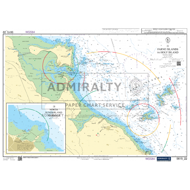 The Admiralty Small Craft Chart 5615_22: Farne Islands to Holy Island provides a current overview, highlighting depths, navigation aids, and coastal features. It includes a detailed inset of Sunderland Harbour and is marked with "Admiralty," featuring maritime symbols and color-coded depth contours.