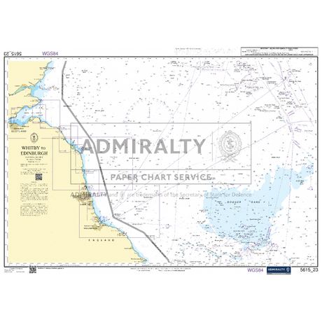 The Admiralty Small Craft Chart 5615, titled "East Coast, Whitby to Edinburgh," provides maritime navigation details including depths, coastal features, and navigation aids along the eastern coast of England and Scotland. It includes designated sea areas and is published by Admiralty.