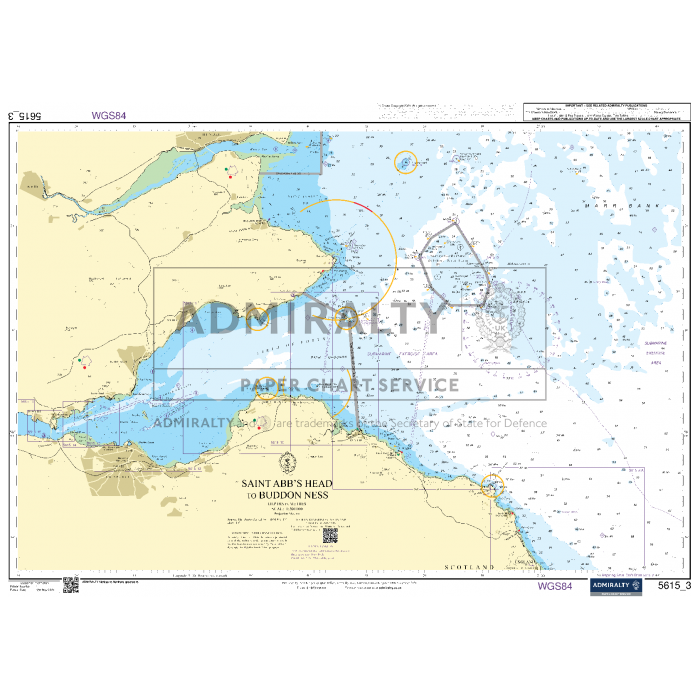 Nautical chart titled "Admiralty Small Craft Charts - 5615 - East Coast, Whitby to Edinburgh," detailing the southeastern coast of Scotland in the North Sea. This Admiralty chart includes bathymetric lines, navigational markers, and coastal features essential for coastal navigation. Labels indicate depth, sea routes, and hazards.