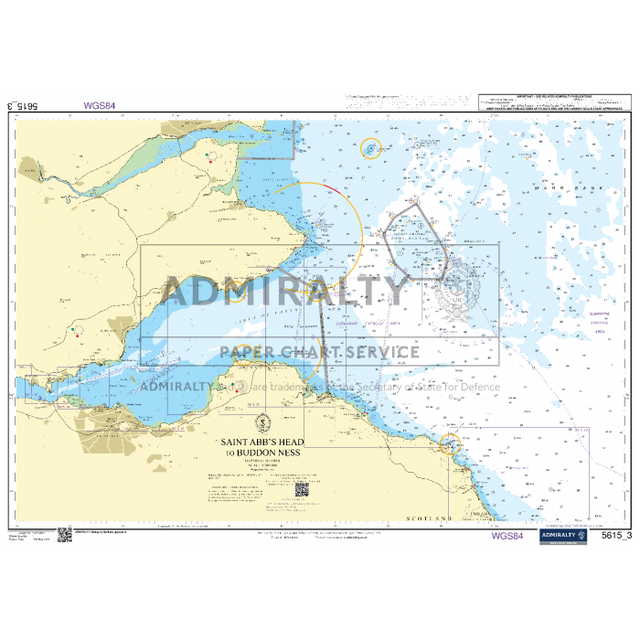 The Admiralty Small Craft Chart 5615_3: Saint Abb's Head to Buddon Ness provides a comprehensive overview of the coastal and marine area between these points. It features depth contours, navigation aids from the UK Hydrographic Office, and detailed geographical labels for surrounding land using the WGS84 reference system, all under the Admiralty brand.