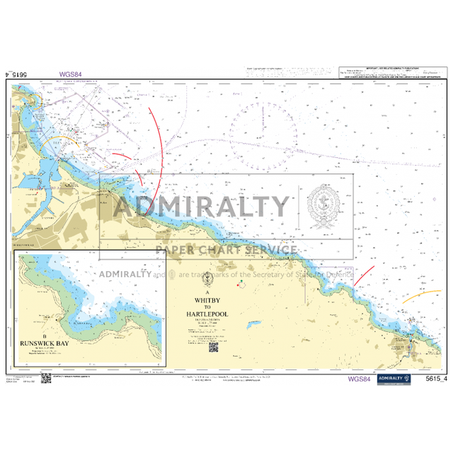 The Admiralty Small Craft Chart 5615_4: Whitby to Hartlepool by Admiralty provides the latest navigation information for coastal regions and waters near Whitby and Hartlepool, including depth soundings, navigational aids, and maritime routes. Insets highlight areas such as Runswick Bay with detailed topographical and sea features for accurate navigation.