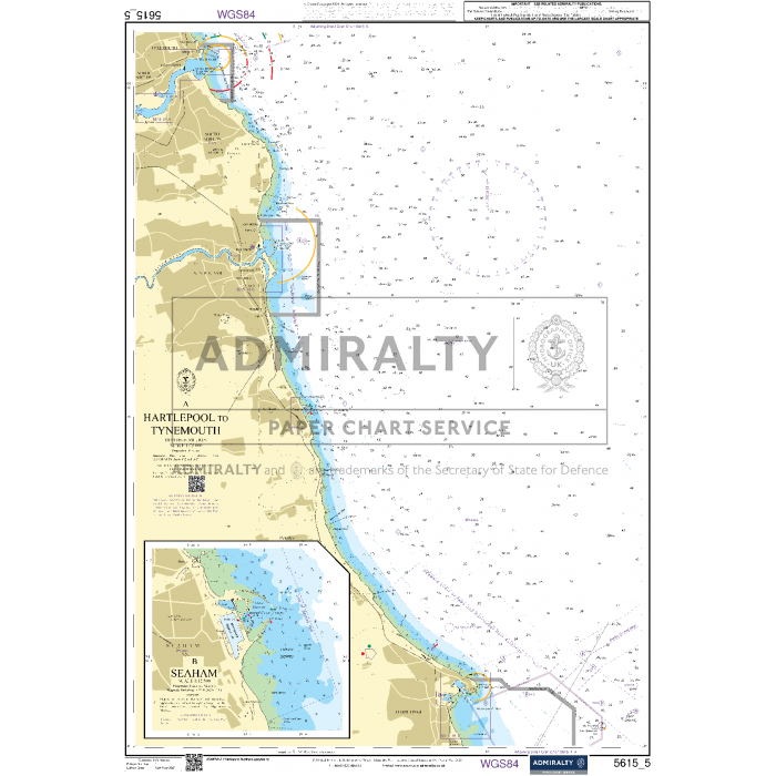 Admiralty's Small Craft Chart 5615_5: Hartlepool to Tynemouth provides a detailed nautical chart of the coastline between Hartlepool and Tynemouth, showcasing depths, coastal features, and navigation aids. An inset map of Seaham is included for additional detail. This chart is marked with the Admiralty and UK Hydrographic Office logos, ensuring precise guidance.