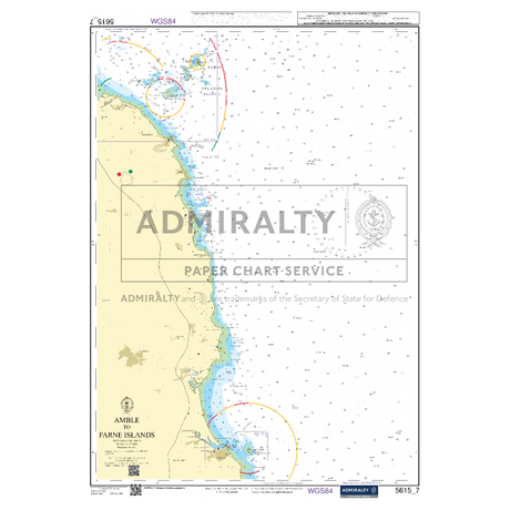 A nautical chart of the coastline illustrates the Amble and Farne Islands area, providing detailed information on sea depths, navigational aids, and coastal features. Utilizing Admiralty Small Craft Charts - 5615 - East Coast, Whitby to Edinburgh from Admiralty, it marks various maritime navigation points and hazards essential for precise coastal navigation.