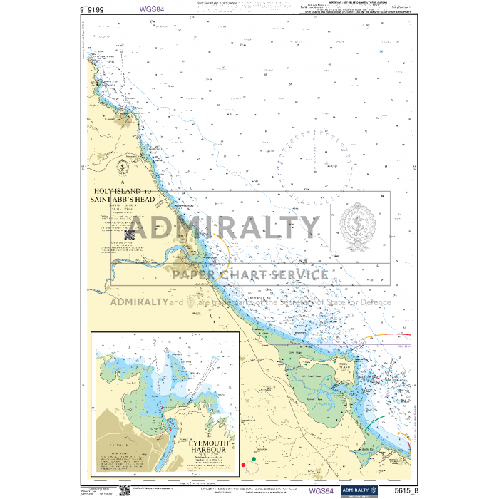 Admiralty Small Craft Chart 5615_8: Holy Island to Saint Abb's Head, produced by Admiralty, depicts the Northumberland coast including Lindisfarne and nearby regions. It features an inset of the Blyth and Wansbeck estuaries, showing sea depths, buoys, and landmarks.