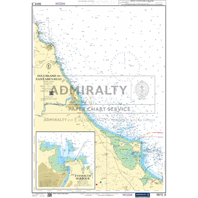 Admiralty Small Craft Chart 5615_8: Holy Island to Saint Abb's Head, produced by Admiralty, depicts the Northumberland coast including Lindisfarne and nearby regions. It features an inset of the Blyth and Wansbeck estuaries, showing sea depths, buoys, and landmarks.