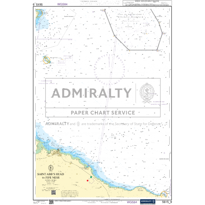 The nautical chart titled "Admiralty Small Craft Charts - 5615 - East Coast, Whitby to Edinburgh" showcases the coastline along the bottom and marks various sea depths with numbers. A prominent central logo signifies it is an ADMIRALTY chart. The chart also illustrates various navigational markers and sea lanes essential for coastal navigation.