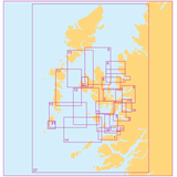 The Admiralty Small Craft Charts - 5616 - West Coast of Scotland and Outer Hebrides from Admiralty is a detailed navigation map featuring orange landmasses set against a light blue water background. It is segmented into numbered, overlapping magenta rectangles that cover various areas of the landmasses. The edges are delineated by a larger magenta border, making it ideal for maritime experts navigating with Small Craft charts.