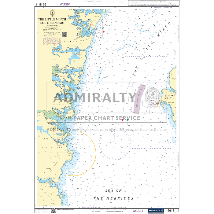 The "Admiralty Small Craft Charts - 5616 - West Coast of Scotland and Outer Hebrides" provide maritime navigation features, water depths, and geographic details of the southern part of the Little Minch in the Hebrides. Designed for maritime experts, these charts include landmasses, navigational symbols, and hazards essential for coastal navigation.