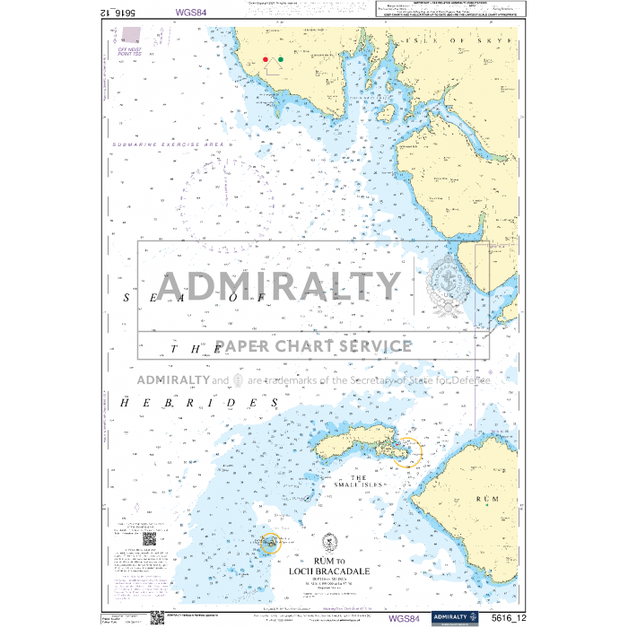 The Admiralty Small Craft Chart 5616 for the West Coast of Scotland and Outer Hebrides provides a detailed depiction of the coastline, islands, and underwater features. It is marked with "Admiralty" branding and includes navigational symbols for coastal navigation. The chart features latitude and longitude grids with major land areas and sea depths color-coded for clarity, making it ideal for maritime experts.