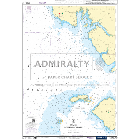 The Admiralty Small Craft Chart 5616 for the West Coast of Scotland and Outer Hebrides provides a detailed depiction of the coastline, islands, and underwater features. It is marked with "Admiralty" branding and includes navigational symbols for coastal navigation. The chart features latitude and longitude grids with major land areas and sea depths color-coded for clarity, making it ideal for maritime experts.