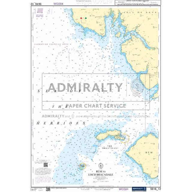 The Admiralty Small Craft Chart 5616_12: Rum to Loch Bracadale, created by Admiralty, depicts the islands and coastal regions of Loch Bracadale and parts of the Hebrides. It includes navigation aids with clearly marked depth measurements and navigational markers set against detailed water and land features.