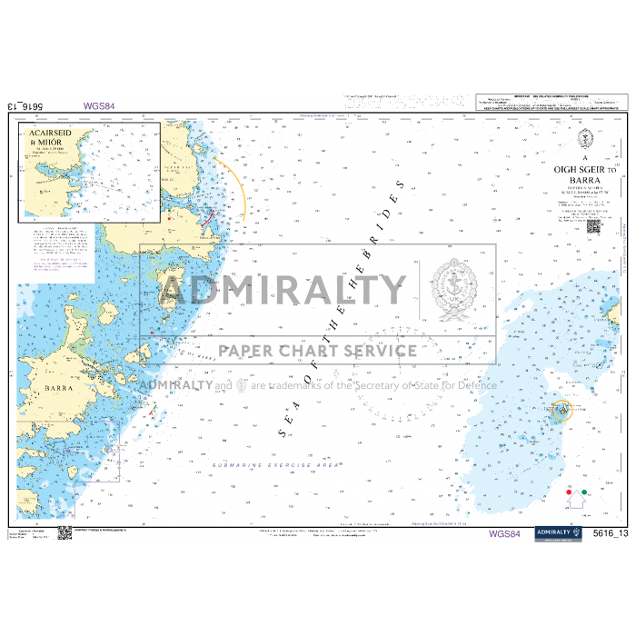 The Admiralty Small Craft Charts - 5616 from Admiralty illustrate the marine regions between the Isle of Barra and the Small Isles in Scotland. Designed for coastal navigation, this chart includes navigational details, depth contours, coastal features, and features an inset map of the island of Canna.