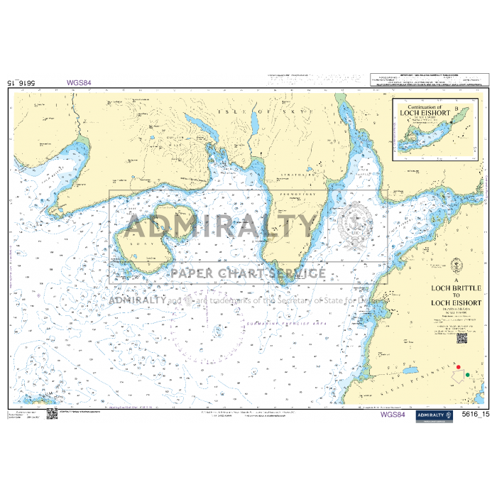 The Admiralty Small Craft Charts - 5616 - West Coast of Scotland and Outer Hebrides is a nautical chart that covers the marine areas of Loch Brìtle and Loch Eishort in the Scottish Highlands. Marked with the prestigious Admiralty logo, this chart is ideal for coastal navigation, displaying depths, navigational aids, and coastal features. An inset at the top right provides additional location context.