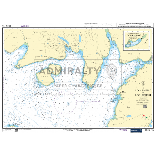 The Admiralty Small Craft Chart 5616_15: Loch Brittle to Loch Eishort, published by Admiralty, provides detailed information on depths, coastal features, and topographical details in Scotland. It includes a smaller inset map of the broader geographic area to assist with navigation.