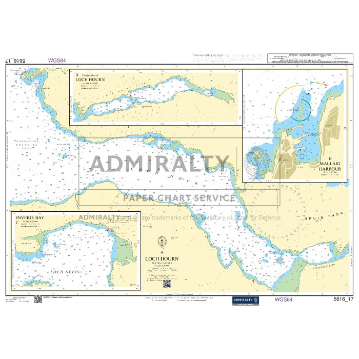 A nautical chart titled "Admiralty Small Craft Charts - 5616 - West Coast of Scotland and Outer Hebrides" from the Admiralty brand features detailed mapping of Loch Hourn, Inverie Bay, and adjacent areas. Ideal for coastal navigation, it includes soundings, navigational aids, and insets showing Mallaig Harbour and parts of Loch Nevis to assist maritime experts and small craft charts users alike.