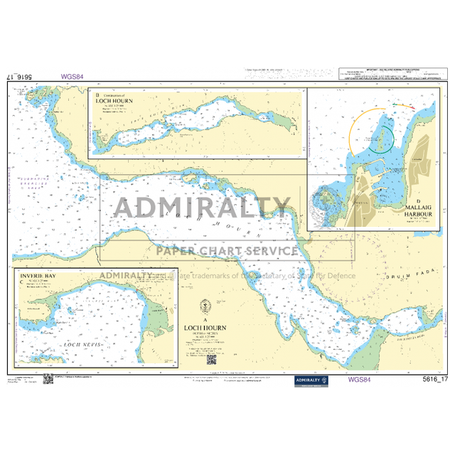 The Admiralty Small Craft Chart 5616_17: Loch Hourn provides a detailed depiction of Loch Hourn, Mallaig Harbour, and nearby waters. It includes insets of Mallaig Harbour, Loch Hourn, Inver Bay, and approaches with symbols for depths, buoys, and navigation marks from the UK Hydrographic Office.