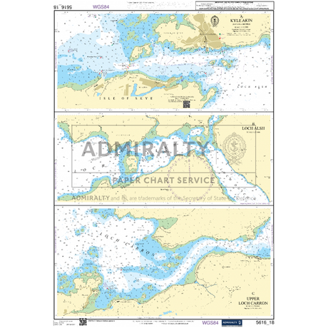 The Admiralty Small Craft Chart 5616_18: Kyle Akin highlights three sections: the Kyle Akin and Isle of Skye, Loch Alsh, and the Upper Loch Carron area. It details coastal features, water depths, and navigation aids. The "Admiralty" brand name is prominently labeled in the center for current charting information.