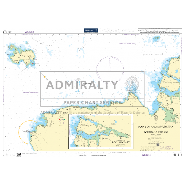 Admiralty's Small Craft Chart 5616_1, titled "Point of Ardnamurchan to Sound of Arisaig," is a detailed nautical chart by the UK Hydrographic Office, showcasing coastal waters, islands, and navigation aids. It features an inset of Loch Moidart in the bottom left corner.