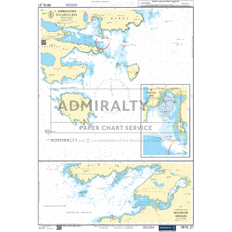 The Admiralty Small Craft Charts - 5616 - West Coast of Scotland and Outer Hebrides, created by Admiralty, is perfect for coastal navigation around Castle Bay. It highlights ports, coastal areas, depth contours, and navigational aids. Insets offer detailed views of Castle Bay harbor and Ardmaleish Bay. Coordinates and additional navigational details are also included.