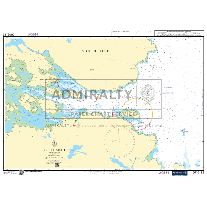 The Admiralty Small Craft Chart 5616_22: Loch Boisdale by Admiralty depicts the waters surrounding South Uist and Loch Boisdale, highlighting navigation aids with depths, coastal features, and water routes. These charts are current and include essential grids and markers for maritime navigation.