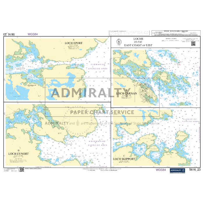 The Admiralty Small Craft Charts - 5616 - West Coast of Scotland and Outer Hebrides, by Admiralty, features a nautical chart detailing the lochs on the east coast of Uist. It is divided into four sections: Loch Eport, Loch Sgiopart, Loch Ennort, and Loch Grann. Designed specifically for small craft navigation, it includes essential information such as water depths, coastal features, and markers essential for maritime experts.