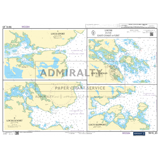 Admiralty Small Craft Chart 5616_23: Lochs on the East Coast of Uist features nautical details of Loch Eport, Loch Eyport, Loch Skiport, and Loch Grianan. This chart includes water depths, islands, and coastal features for navigation assistance. It is produced by Admiralty under the UK Hydrographic Office as part of their small craft charts series.