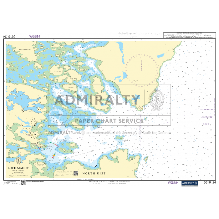 A nautical chart titled "Admiralty Small Craft Charts - 5616 - West Coast of Scotland and Outer Hebrides" by Admiralty. The map, ideal for maritime experts, details coastal areas, depths, and navigational information for coastal navigation, focusing on waterways between Loch Maddy and North Uist with landmasses and seas in various colors.