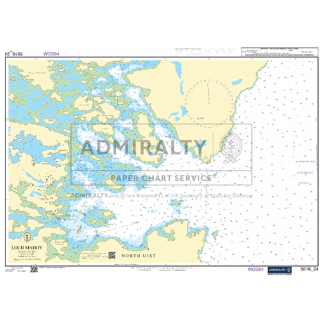 A nautical chart titled "Admiralty Small Craft Charts - 5616 - West Coast of Scotland and Outer Hebrides" by Admiralty. The map, ideal for maritime experts, details coastal areas, depths, and navigational information for coastal navigation, focusing on waterways between Loch Maddy and North Uist with landmasses and seas in various colors.