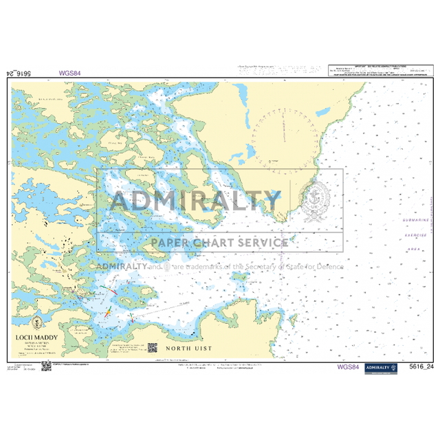 The Admiralty Small Craft Chart 5616_24: Loch Maddy by Admiralty covers the western coastal area, offering detailed bathymetric data with depth contours and navigation aids. This UK Hydrographic Office chart presents tidal information and diverse marine topography against a light tan and blue background.