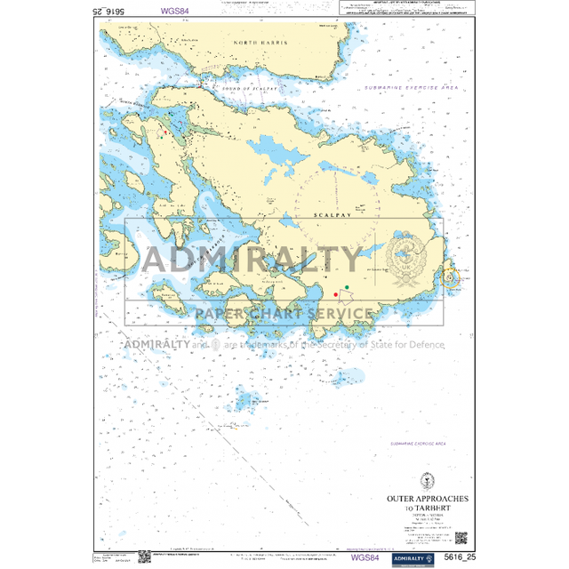 The Admiralty Small Craft Chart 5616_25: Outer Approaches to Tarbert, approved by the Maritime and Coastguard Agency, illustrates water depths, navigational markings, and coastal details. It features various islands, reefs, and annotated geographical features.