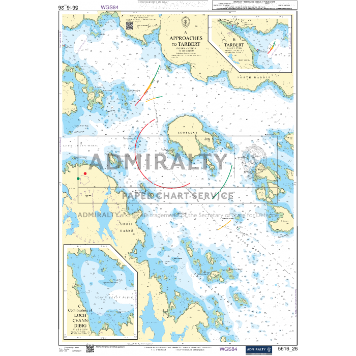 The Admiralty Small Craft Chart - 5616, titled 'West Coast of Scotland and Outer Hebrides,' is an essential navigational tool for maritime experts, featuring detailed information on depths, coastlines, and navigational aids around the Tarbert area. Insets offer additional details on Loch an Daimh and its surrounding regions. The chart also includes marked boundaries and routes for coastal navigation.