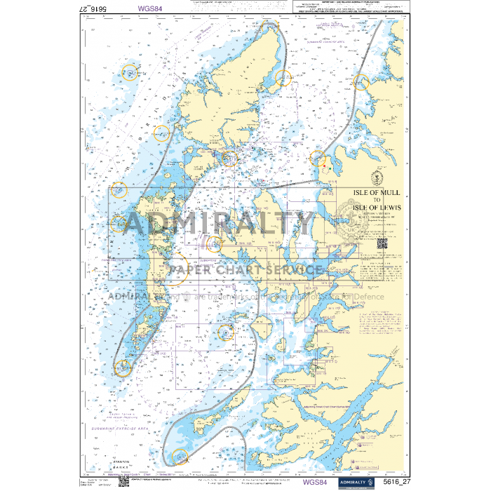 The Admiralty Small Craft Chart 5616_27: Isle of Mull to Isle of Lewis, approved by the Maritime and Coastguard Agency, presents the waters surrounding the Isle of Mull and the Isle of Lewis in Scotland. Produced by Admiralty through the UK Hydrographic Office, it features depth contours, navigation markers, insets, and coastal characteristics.