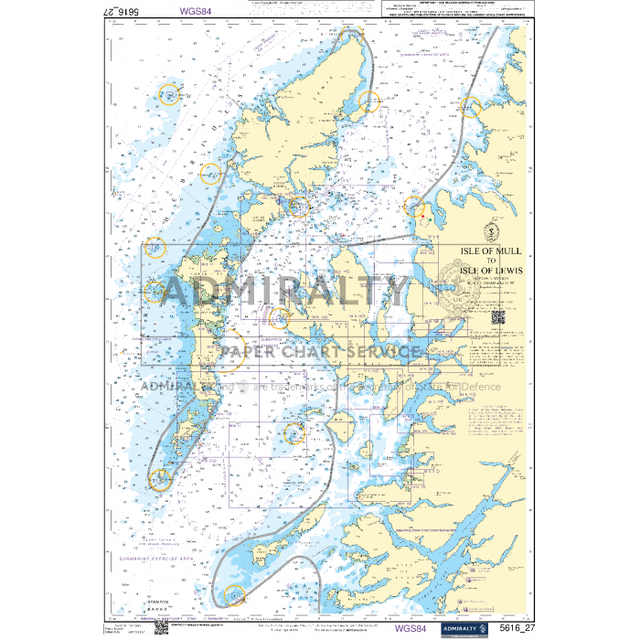 The Admiralty Small Craft Chart 5616_27: Isle of Mull to Isle of Lewis, approved by the Maritime and Coastguard Agency, presents the waters surrounding the Isle of Mull and the Isle of Lewis in Scotland. Produced by Admiralty through the UK Hydrographic Office, it features depth contours, navigation markers, insets, and coastal characteristics.