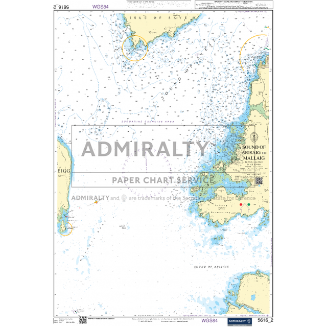 Admiralty Small Craft Chart 5616_2, titled "Sound of Arisaig to Mallaig," illustrates coastal areas, islands, and water depth contours. It includes navigation aids and coordinates with the label "Admiralty" by the UK Hydrographic Office.