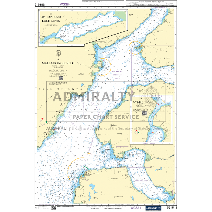 The "Admiralty Small Craft Charts - 5616 - West Coast of Scotland and Outer Hebrides" by Admiralty covers the regions from Mallaig to Glenelg, featuring detailed insets of Loch Nevis and Kyle Rhea. Perfect for maritime professionals, this chart provides essential nautical information including water depths, navigation aids, and coastal landmarks crucial for coastal navigation.