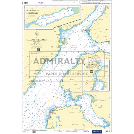 The "Admiralty Small Craft Charts - 5616 - West Coast of Scotland and Outer Hebrides" by Admiralty covers the regions from Mallaig to Glenelg, featuring detailed insets of Loch Nevis and Kyle Rhea. Perfect for maritime professionals, this chart provides essential nautical information including water depths, navigation aids, and coastal landmarks crucial for coastal navigation.