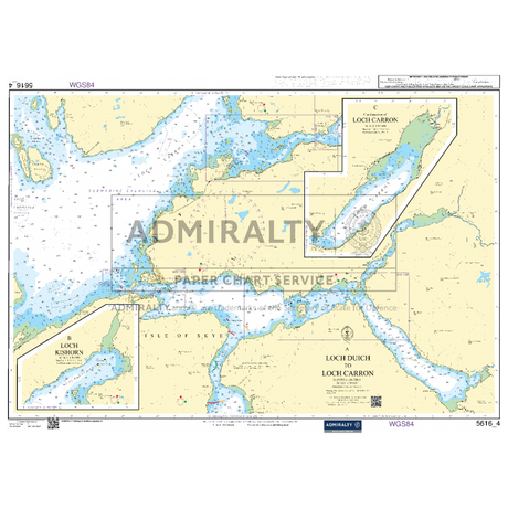 The "Admiralty Small Craft Charts - 5616 - West Coast of Scotland and Outer Hebrides" by Admiralty is a nautical chart that displays the western Scottish coast, featuring Loch Carron, Loch Kishorn, and Loch Duich. It provides detailed maps of these lochs, nearby islands, water depths, and navigational aids for coastal navigation.