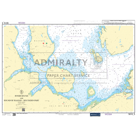 The Admiralty Small Craft Charts - 5616 - West Coast of Scotland and Outer Hebrides by Admiralty is a nautical chart that provides detailed navigational information for the Inner Sound and southern part of the Sound of Raasay in Scotland. It features depth contours, various maritime symbols indicating hazards, aids to navigation, and coastal features, making it ideal for coastal navigation by maritime experts.