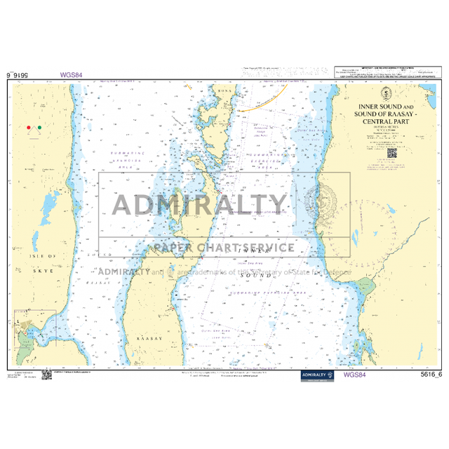 Admiralty's Small Craft Chart 5616_6 details the central part of the Inner Sound and Sound of Raasay, featuring navigation routes, depth metrics, geographic details, and essential navigation aids. It includes crucial information from the UK Hydrographic Office with surrounding land marked.