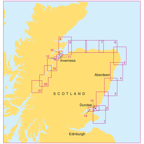 The Admiralty Small Craft Charts - 5617 - East Coast of Scotland by Admiralty highlights major cities such as Inverness, Aberdeen, Dundee, and Edinburgh. It features a numbered grid overlay for detailed geographical reference and includes coastal navigation details to ensure maritime safety.